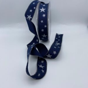 Silver stars on Navy Blue Ribbon - 25mm - per metre *