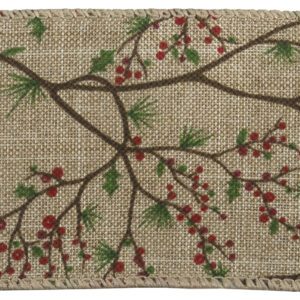 Wired Edge Hessian Jute Ribbon, holly, Winter Berries - 63mm - per metre*