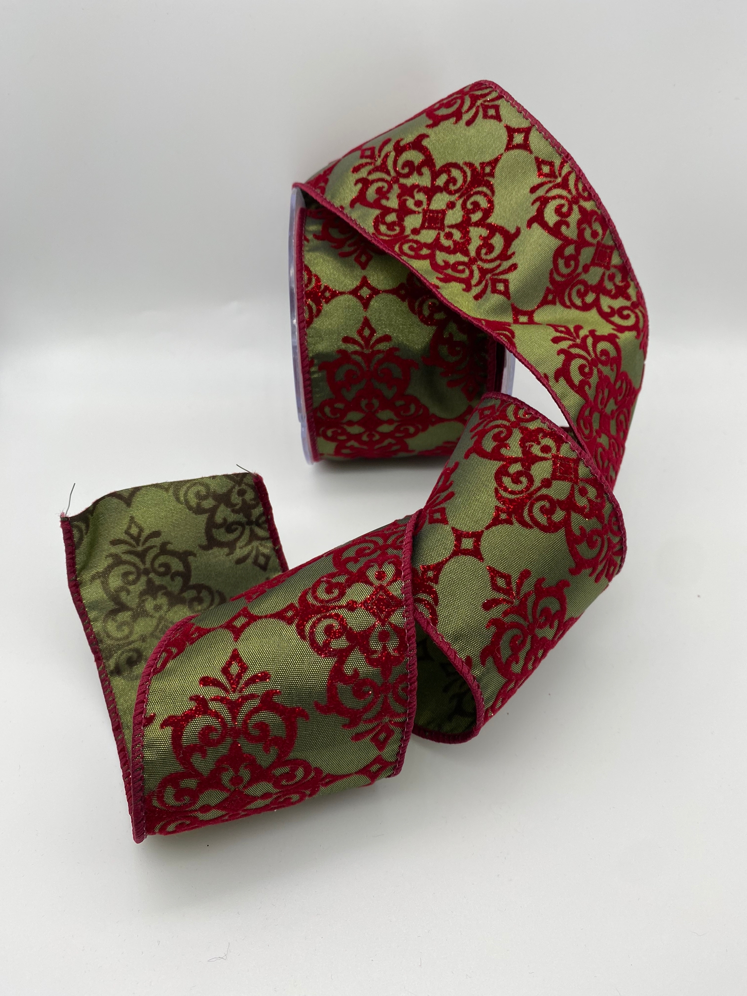Wired Edge Khaki and Burgundy luxury Velvet ribbon 63mm - per metre *