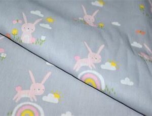 Rainbow bunnies cotton poplin silver