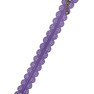 Decorative Lace Edged Zip - Purple - 20cm Long with Dangling Bronze Glider