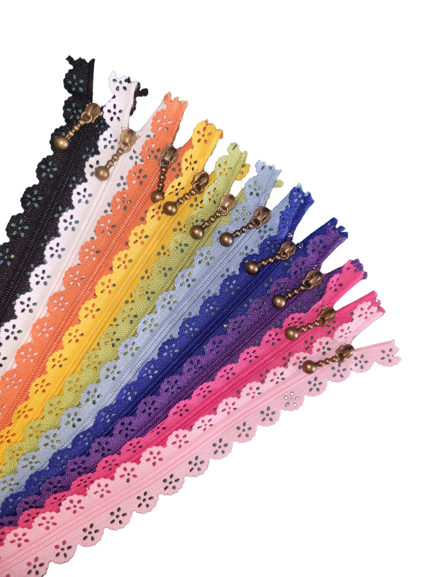 Decorative Lace Edged Zip- Orange - 20cm Long with Dangling Bronze Glider - Image 2