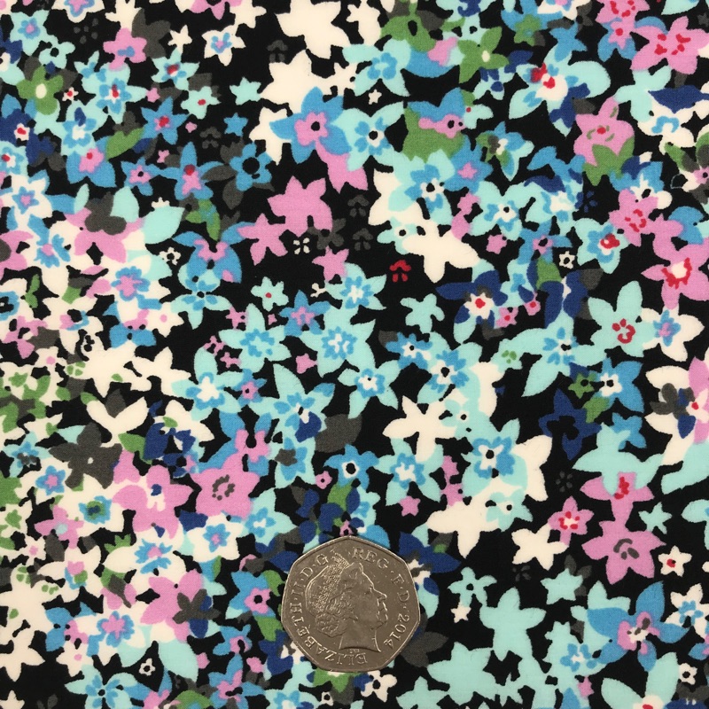 100% Pima Cotton Lawn -0199- Blue and Pink Floral, per 1/2 metre