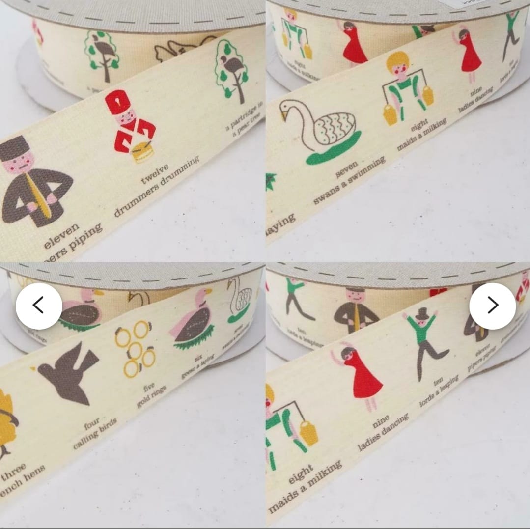 12 Days of Christmas Cotton Ribbon 32mm, colour print, per m *