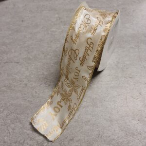 Wire Edge Gold Metallic Christmas on Ivory Taffeta, 63mm, per 1m *