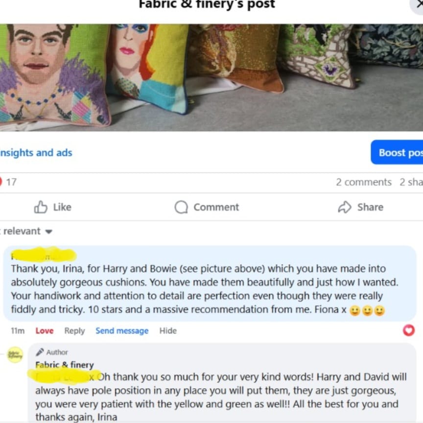 Floral portrait cushion, colourful fabric cushion with embroidered portrait design, home decor, unique decorative cushion, fabric & finery UK.