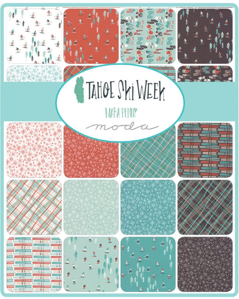 Vibrant Tahoe Ski Week fabric collection featuring winter ski scenes and seasonal patterns, perfect for cosy home décor and apparel inspired by outdoor winter adventures.