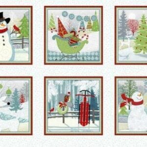 Vibrant Christmas themed fabric panel featuring snowmen, reindeer, Christmas trees, and festive winter scenes, perfect for quilting and holiday craft projects.
