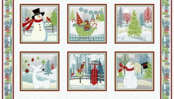 Vibrant Christmas themed fabric panel featuring snowmen, reindeer, Christmas trees, and festive winter scenes, perfect for quilting and holiday craft projects.
