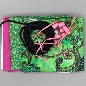 Lunch drawstring and handles bag kit - Pink Black Paisley on strong bright green *