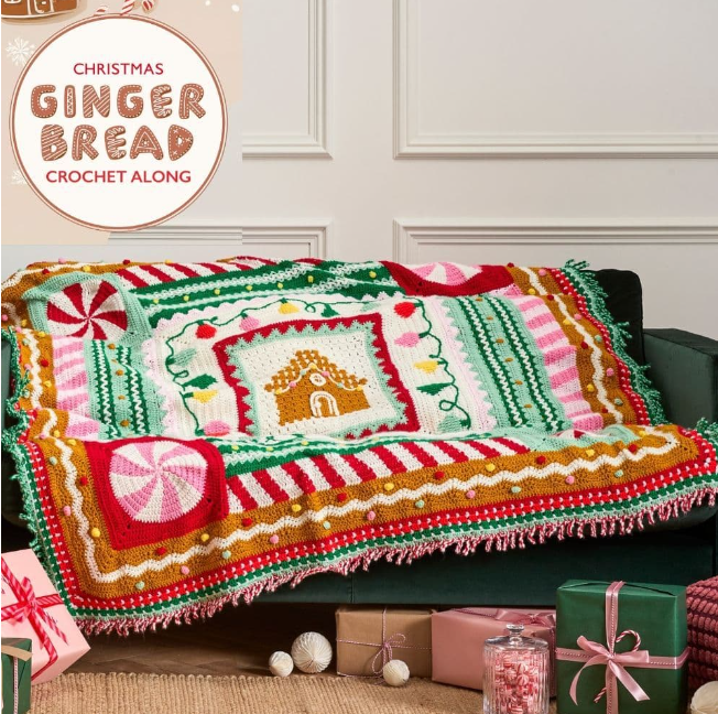 Vibrant handmade Christmas gingerbread crochet blanket displayed on sofa, featuring festive holiday motifs, perfect for seasonal home decor and cosy hygge interiors.