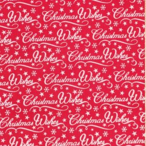 Christmas Wishes White Writing on Red Polycotton, per 1/2 m '