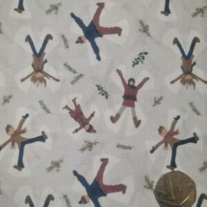 Children's winter clothing print with playful figures on fabric, perfect for textiles and apparel projects.