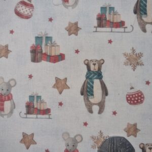 Soft festive fabric with cute Christmas bears, mice, presents, stars, and snowflakes, perfect for holiday sewing projects and home décor. Vibrant holiday-themed printed cotton fabric.