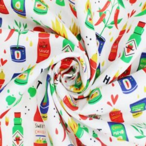 Vibrant fabric featuring colourful condiment and chili sauce illustrations, perfect for creative sewing projects and stylish apparel. Bright, playful design ideal for home textiles and fashion accessories.
