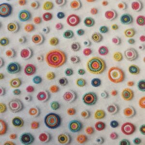 Vibrant embroidered textile featuring colourful circular patterns on white fabric, ideal for fabric crafts and home décor. Perfect for those seeking unique embroidery and textile design materials.