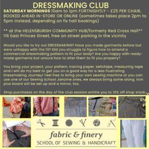 Saturday AM Dressmaking Club ftnightly 10am-1pm, session 8 Nov 25