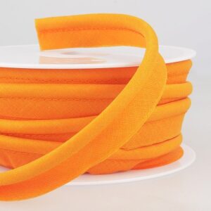 Bright orange stretch fabric ribbon on white reel, ideal for craft and clothing projects. High-quality, flexible, and vibrant for versatile DIY use.