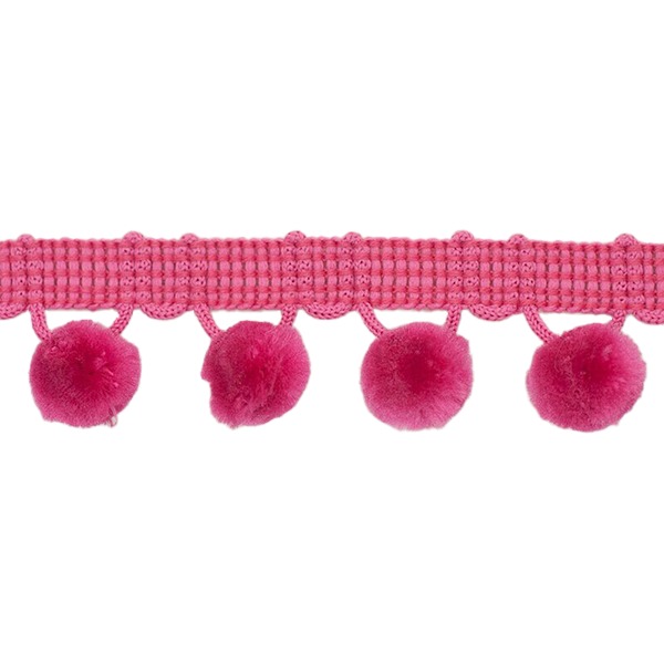 Bright pink fabric trim with fluffy pom-pom embellishments, perfect for sewing and craft projects, dressmaking, and home décor accents. Adds a playful and stylish touch to any textile design.