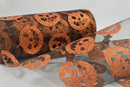 Halloween Glitzy Pumpkin print on 15cm 6inch Black Tulle, Full Roll of 10m - Image 2