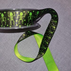 Halloween Double Satin Ribbon 25mm, skeletons black fluo green, per metre