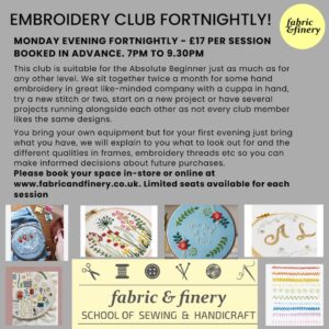 Monday "Hand Embroidery Club" fortnightly 7pm-9.30pm, session 11 May 26