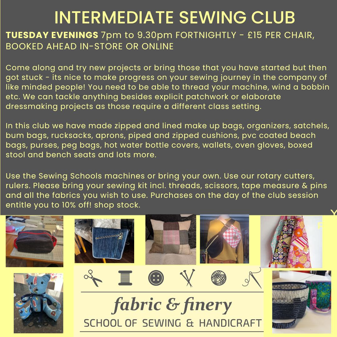 Tuesday INTERMEDIATE SEWING CLUB fortnightly 7pm-9.30pm, session 13 Jan 2026