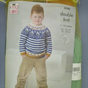 King Cole in Stylecraft SSDK Nordic Style Sailboat and Stripes Boys Jumper Knitting Kit - Sizes 3 - 8 Years - Green and Mustard
