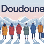 Illustration de silhouettes en doudounes devant paysage urbain et montagnes