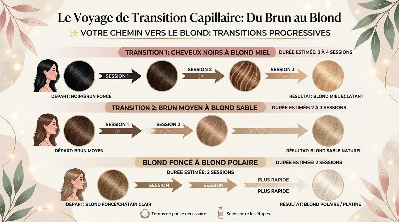 Infographie : nombre de séances de balayage nécessaires pour devenir blonde selon la couleur de base
