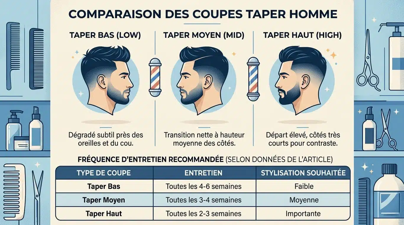 Infographie comparative des styles de coupe taper et guide d'entretien