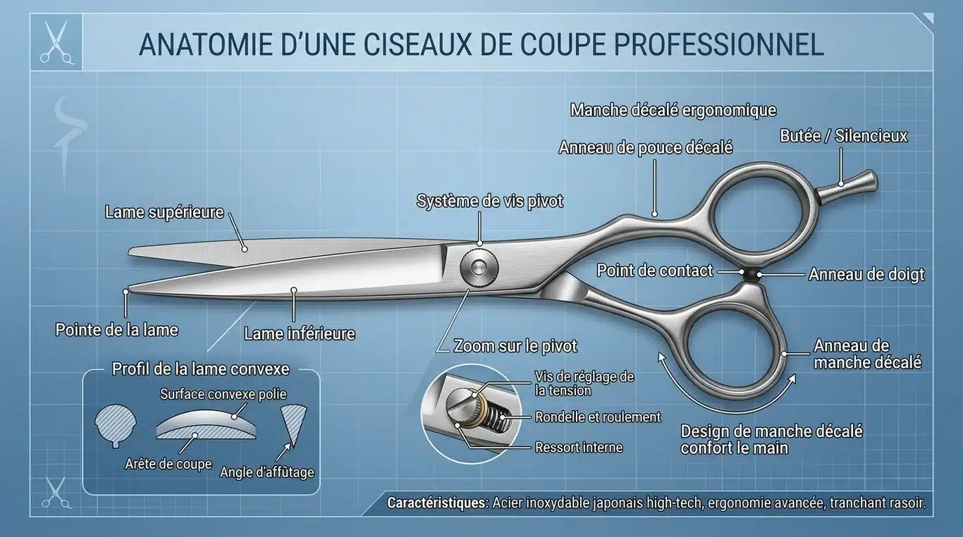 Schéma technique de l'anatomie d'un ciseau de coiffure professionnel