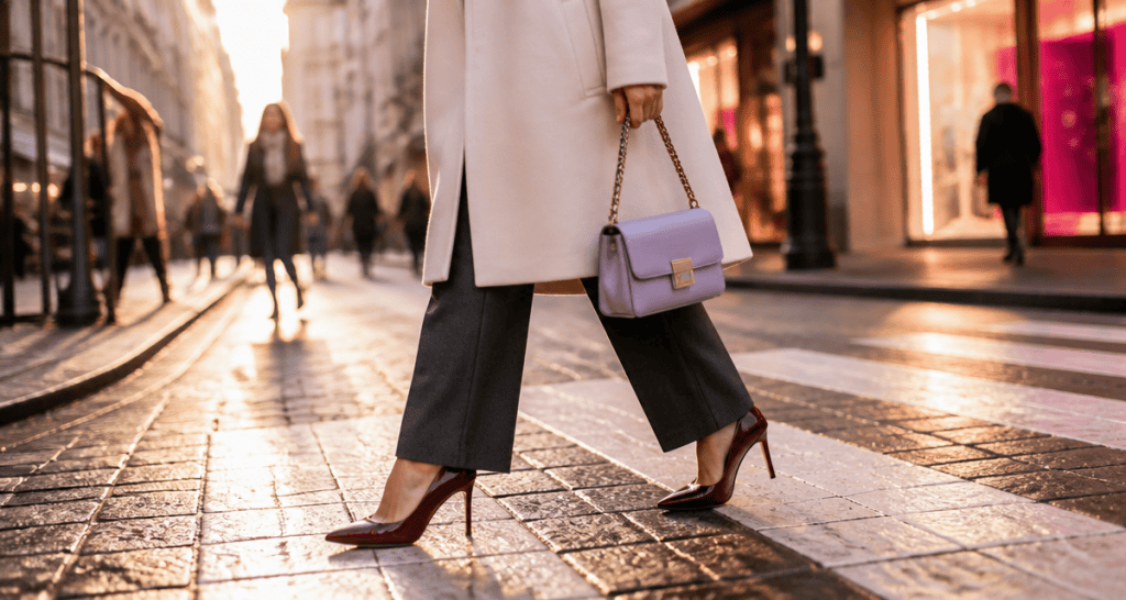 chaussure bordeaux femme manteau ivoire passage piéton