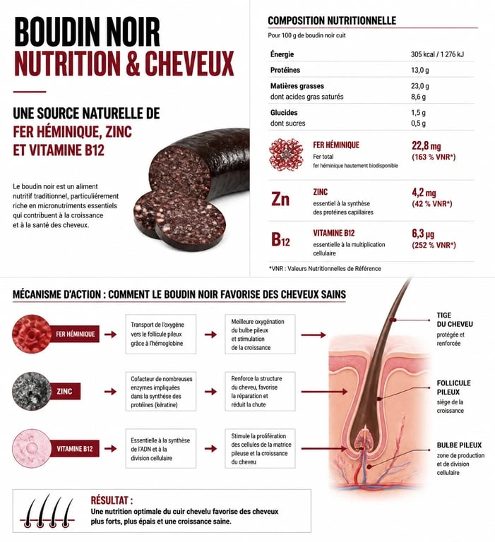 Infographie sur les bienfaits du boudin noir pour la santé des cheveux et la croissance capillaire