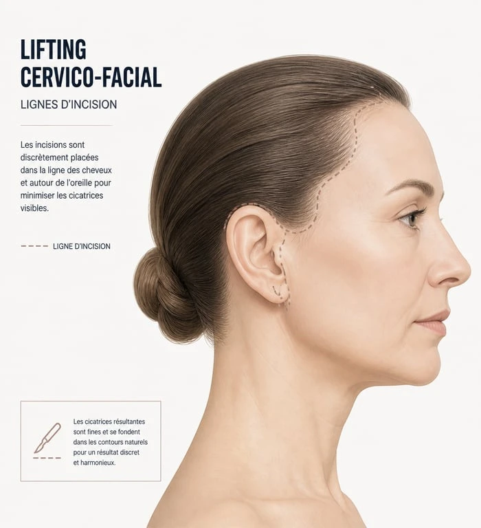 Schéma des incisions pour un lifting cervico-facial montrant la discrétion des cicatrices
