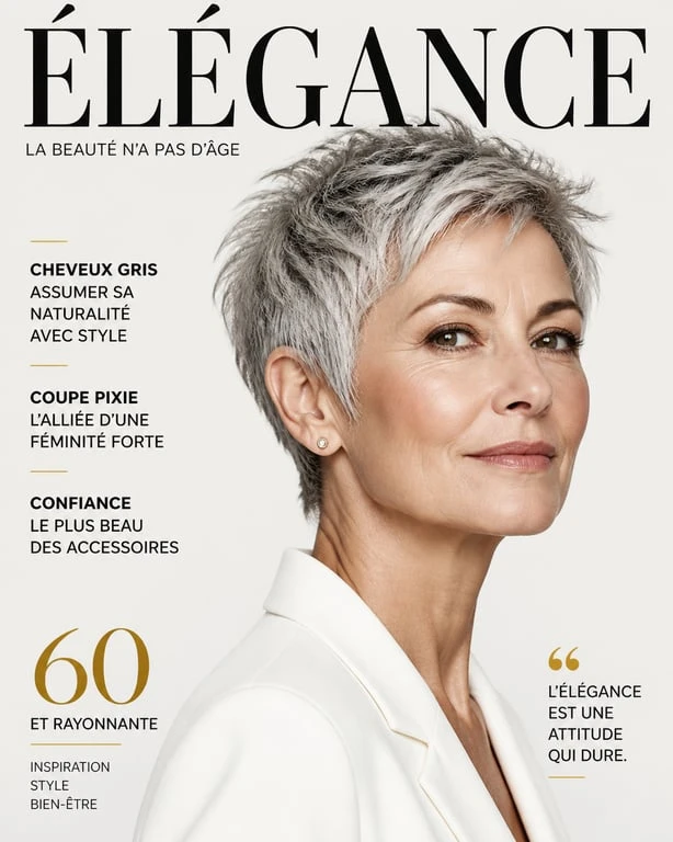 Coupe pixie femme 60 ans moderne et élégante avec cheveux gris