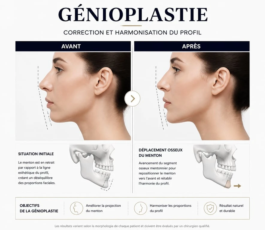 Schéma comparatif des résultats d'une génioplastie avant après pour la correction du menton