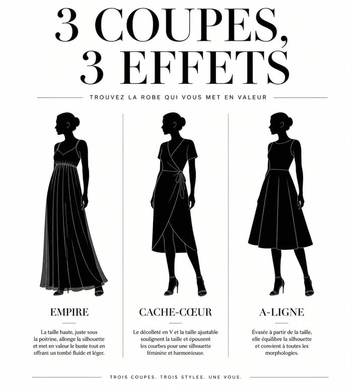Illustration des coupes de robes idéales pour une silhouette ronde avec du ventre : robe empire, robe portefeuille et robe trapèze.