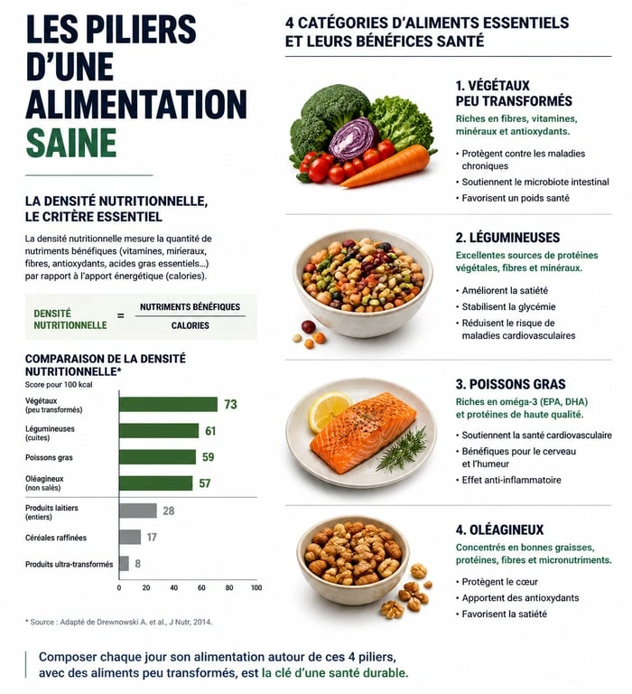 Infographie des piliers d'une alimentation saine et des aliments bons pour la santé