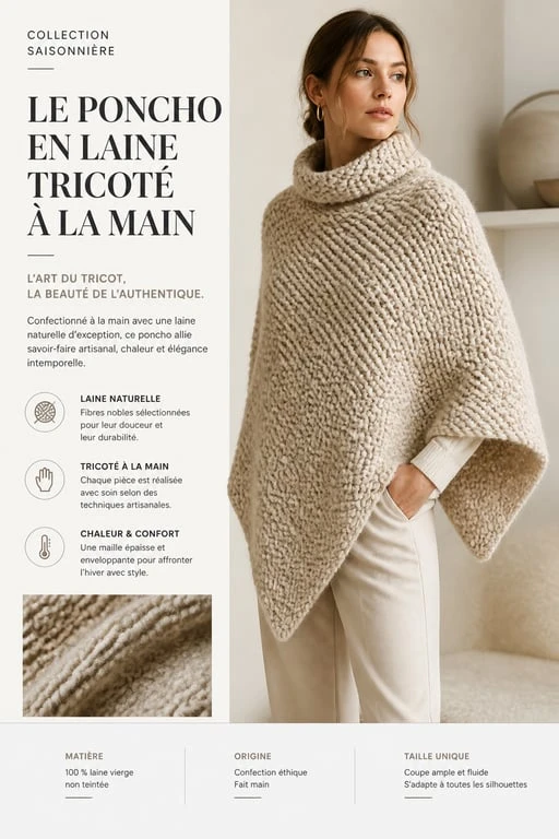 Femme portant un élégant poncho en tricot fait main, style mode et lifestyle