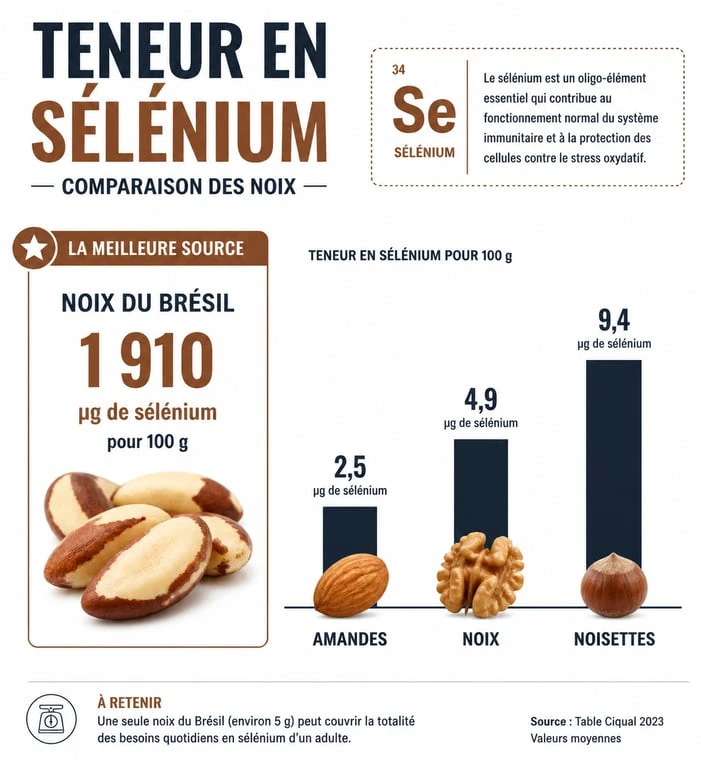 Infographie comparative des apports en sélénium des noix du Brésil et autres fruits à coque pour la santé des cheveux