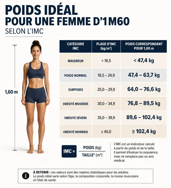 Infographie des fourchettes de poids idéal pour une femme de 1m60 selon l'IMC