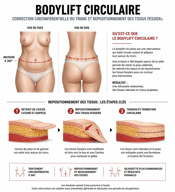Schéma explicatif bodylift avant après montrant les zones traitées par lipectomie circulaire