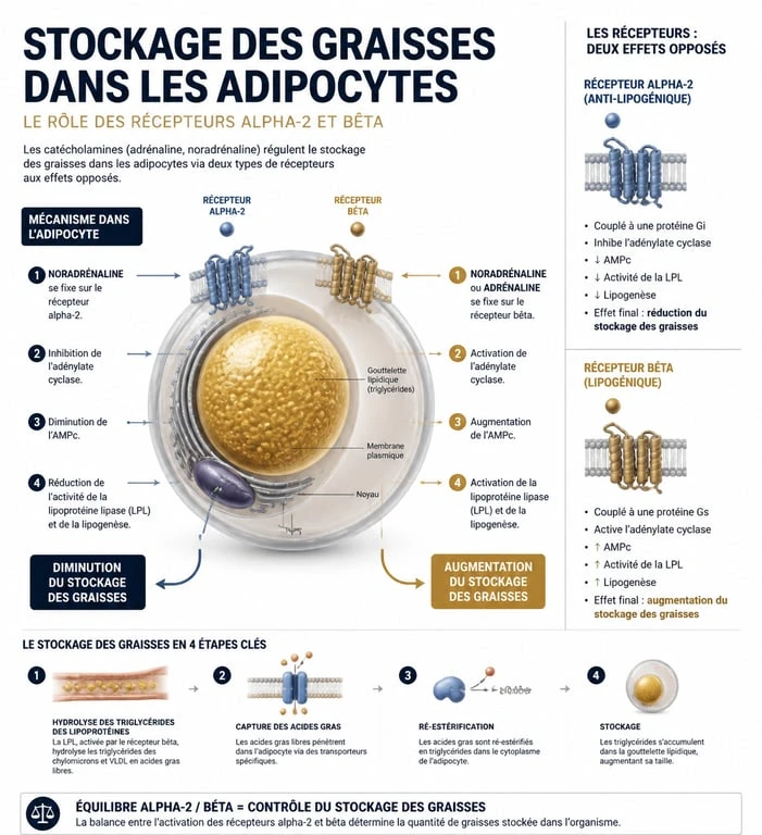 Schéma explicatif du stockage des graisses sur les hanches et mécanisme de lipolyse