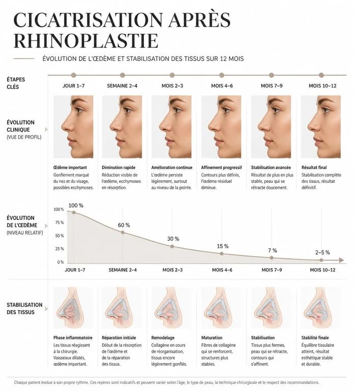 Infographie des étapes de cicatrisation et résultats d'une rhinoplastie avant et après
