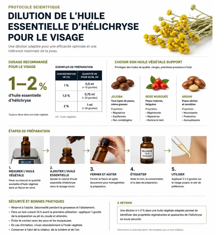 Infographie sur le protocole de dilution et sécurité de l'huile essentielle d'hélichryse pour le visage