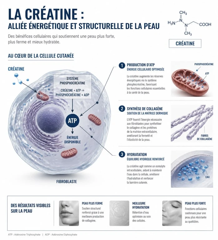 Infographie expliquant les bienfaits de la créatine sur la peau et la synthèse du collagène