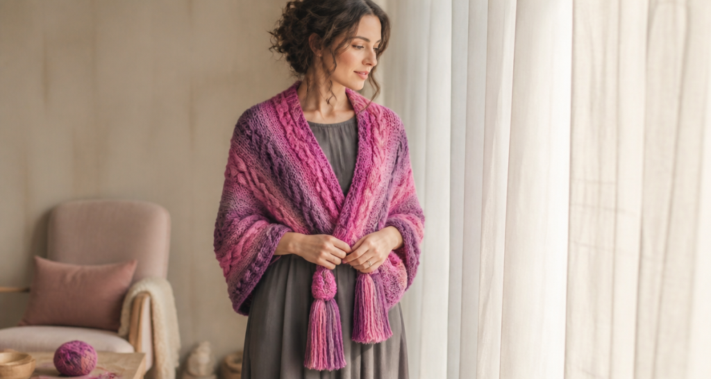 Poncho tricot femme motifs torsadés fuchsia lilas rose