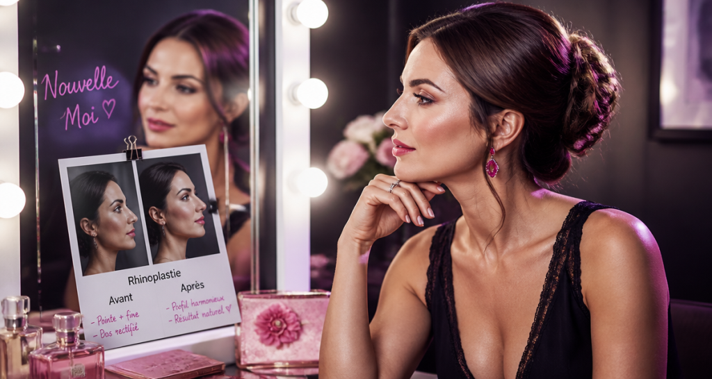 rhinoplastie avant et apres femme devant miroir