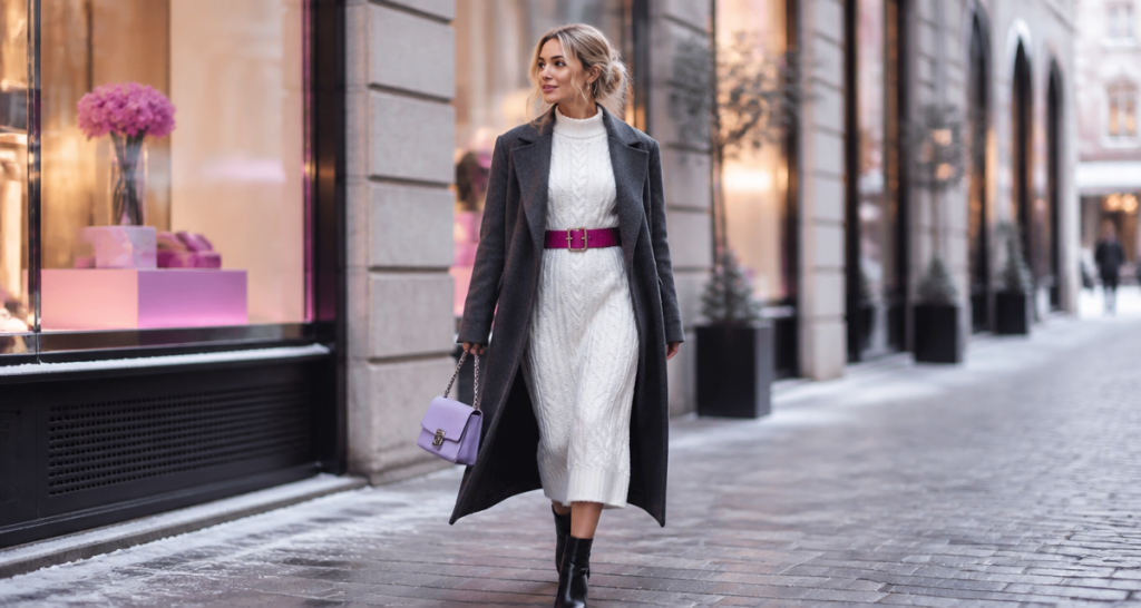 Femme en robe blanche hiver sur trottoir